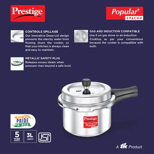 Prestige Popular + Svachh 3L Virgin Aluminium Spillage Control Pressure Cooker