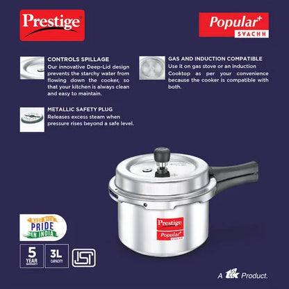 Prestige Popular + Svachh 3L Virgin Aluminium Spillage Control Pressure Cooker
