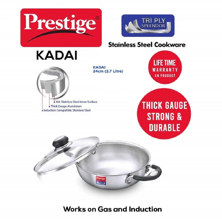 Prestige Tri Ply Splendor 24Cm Kadai With Glass Lid (2.7L)