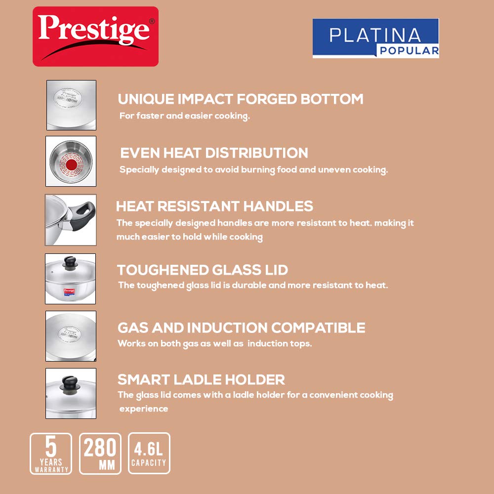 Prestige Platina Popular Stainless Steel Kadai 28Cm/4.6L