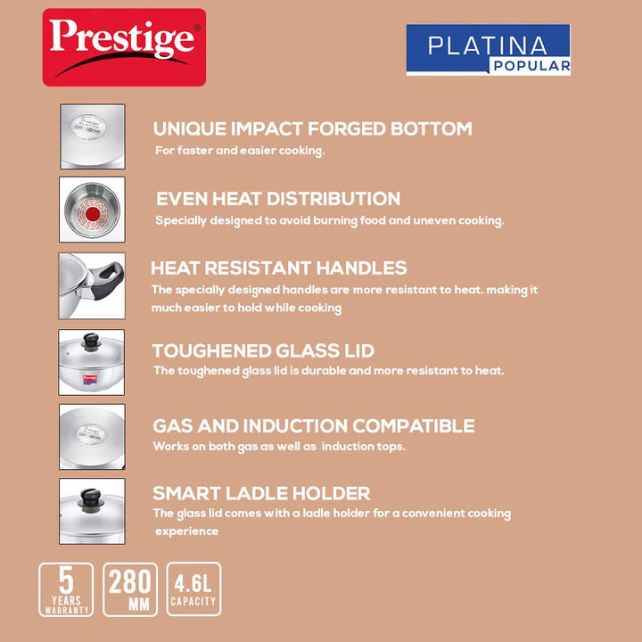 Prestige Platina Popular Stainless Steel Kadai 28Cm/4.6L