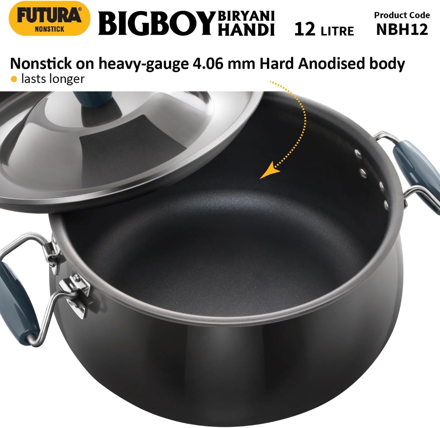 Hawkins Futura 12 Litre BigBoy Biryani Handi, Non Stick Pot with Hard Anodised Lid, Sauce Pan for Cooking and Serving Biriyani