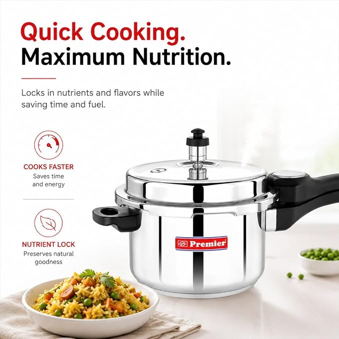Premier Comfort Stainless Steel Pressure Cooker 3 Litre | Sandwich Bottom | Induction & Gas CompatiblePremier Comfort Stainless Steel Pressure Cooker 3 Litre | Sandwich Bottom | Induction & Gas Compatible