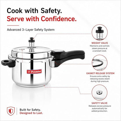 Premier Comfort Stainless Steel Pressure Cooker 3 Litre | Sandwich Bottom | Induction & Gas CompatiblePremier Comfort Stainless Steel Pressure Cooker 3 Litre | Sandwich Bottom | Induction & Gas Compatible