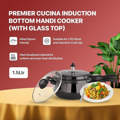 Premier Cucina Trendy Black Hard Anodized Induction Bottom Handi Pressure Cooker 1.5 Liter With Glass Lid