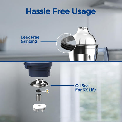 Preethi Blue Leaf Titanium 1000W Grinder | 7 Jars (4 Stainless Steel Jars, Juicer, Blender), Superfine Grinding for Masalas, Chutneys and Batters