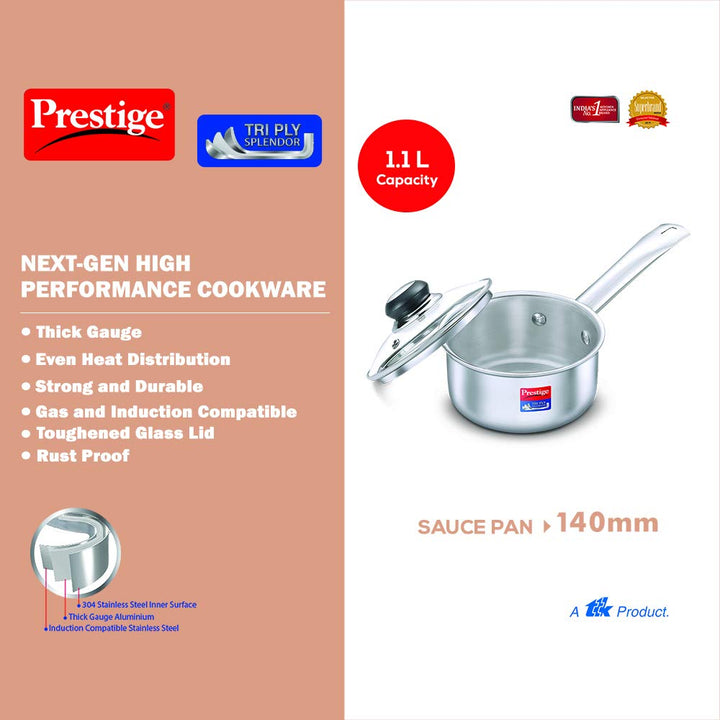 Prestige Tri Ply Splendor Sauce Pan 14Cm (1.1L)