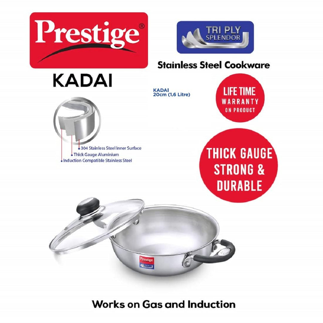 Prestige Tri Ply Splendor 20Cm Kadai With Glass Lid (1.6L)