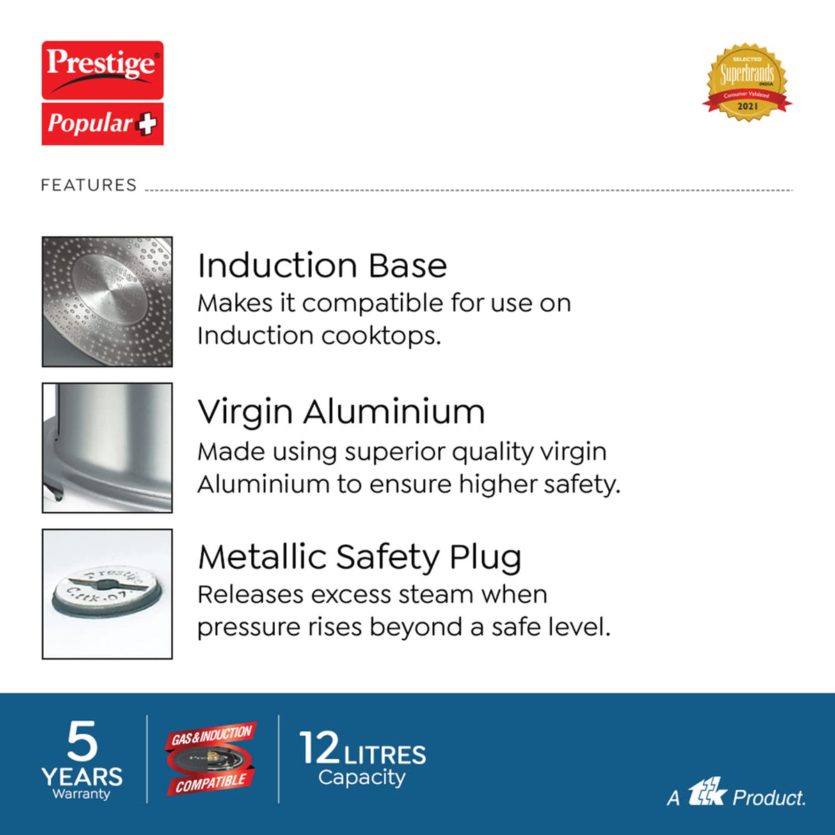 Prestige Popular Plus Aluminium Pressure Cooker 12L