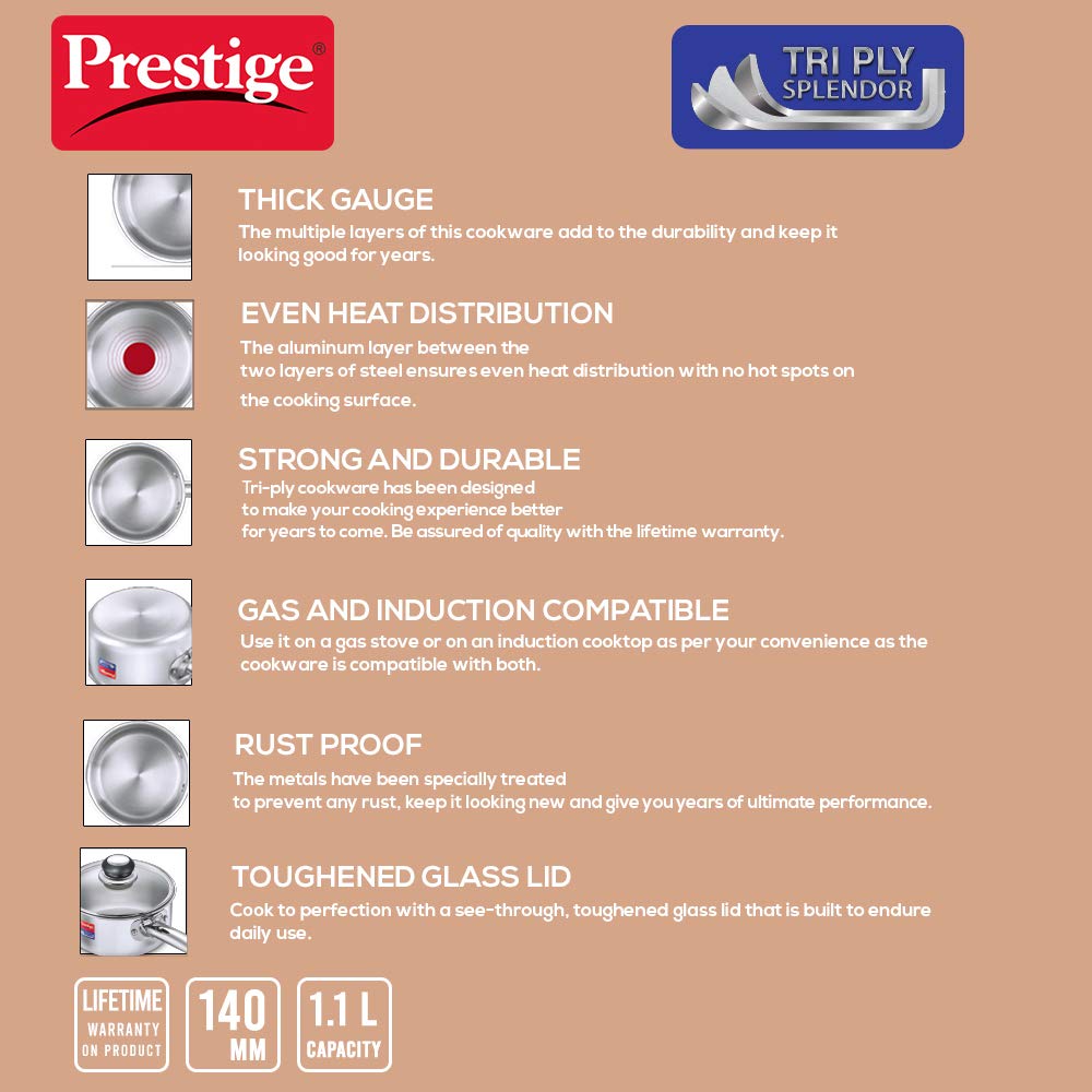 Prestige Tri Ply Splendor Sauce Pan 14Cm (1.1L)