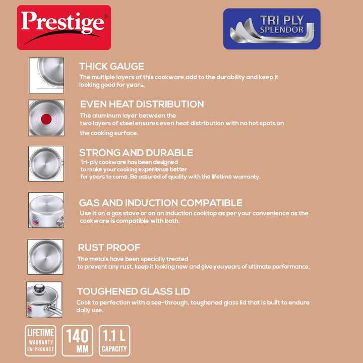 Prestige Tri Ply Splendor Sauce Pan 14Cm (1.1L)