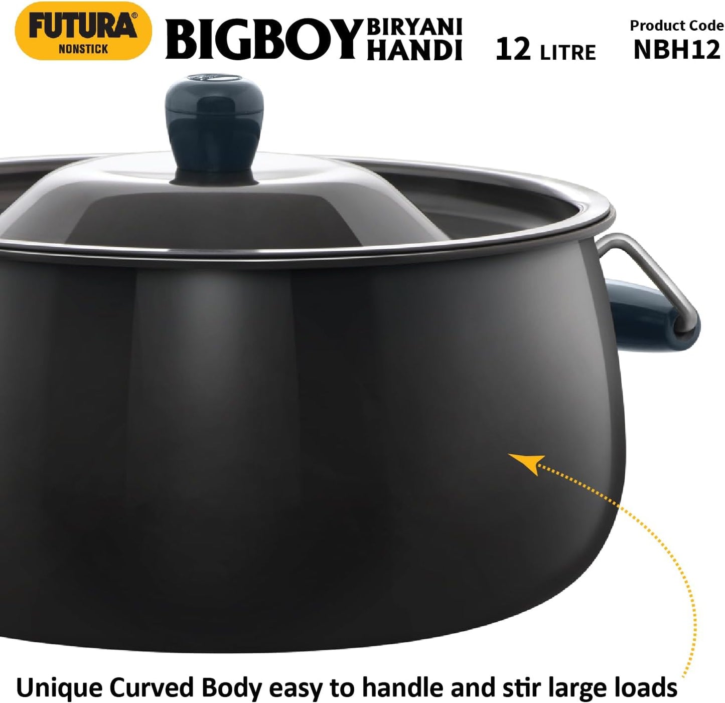 Hawkins Futura 12 Litre BigBoy Biryani Handi, Non Stick Pot with Hard Anodised Lid, Sauce Pan for Cooking and Serving Biriyani