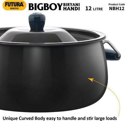 Hawkins Futura 12 Litre BigBoy Biryani Handi, Non Stick Pot with Hard Anodised Lid, Sauce Pan for Cooking and Serving Biriyani