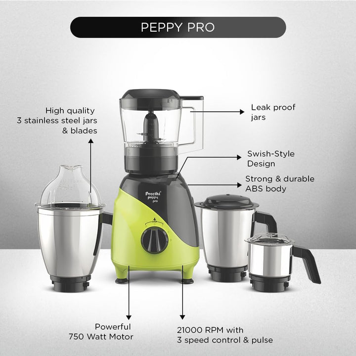 Preethi Peppy Pro 750W Mixer Grinder - Green/Black (MG 247)