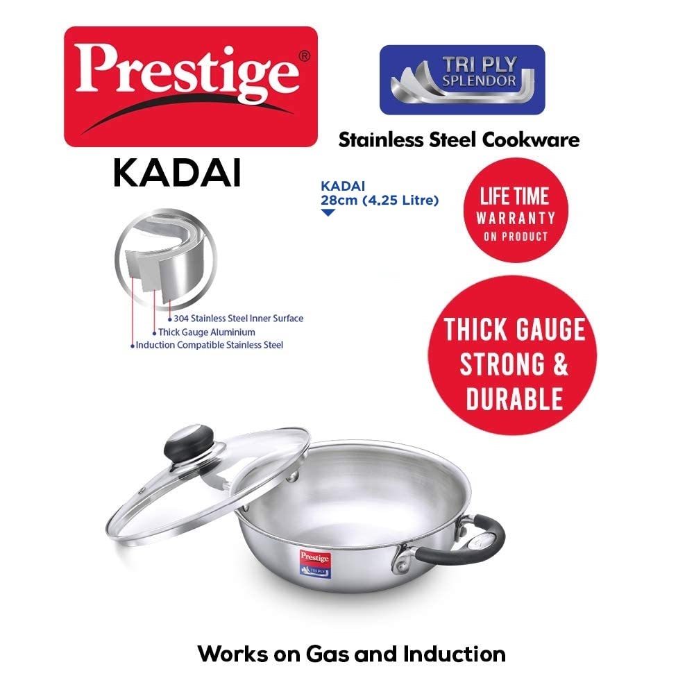 Prestige Tri Ply Splendor 28Cm Kadai With Glass Lid (4.25L)