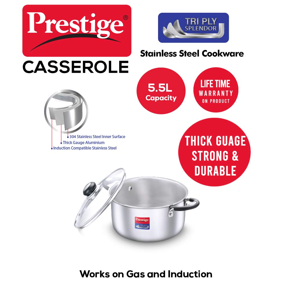 Prestige Tri Ply Splendor 24Cm Casserole (5.5L)