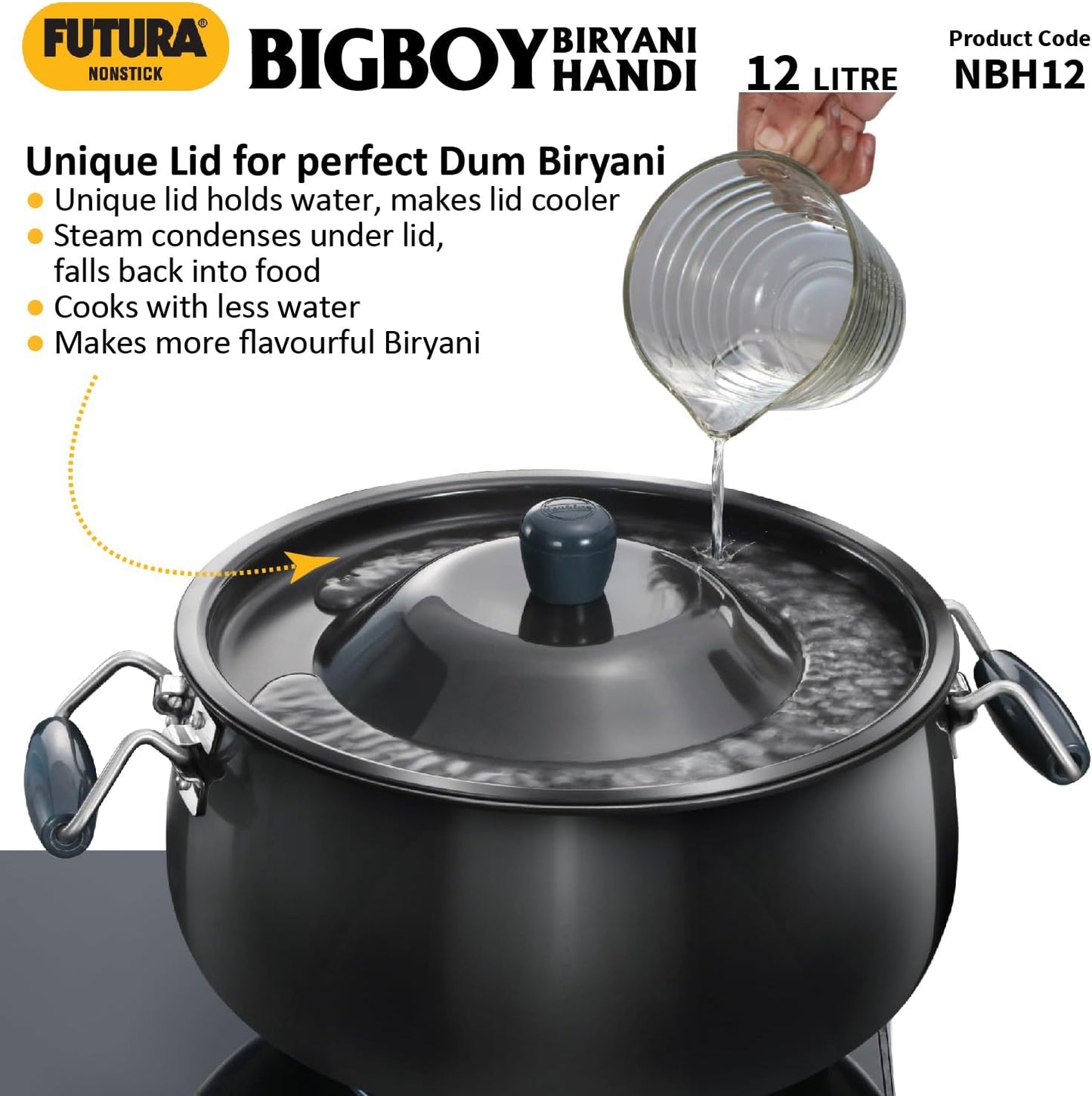 Hawkins Futura 12 Litre BigBoy Biryani Handi, Non Stick Pot with Hard Anodised Lid, Sauce Pan for Cooking and Serving Biriyani