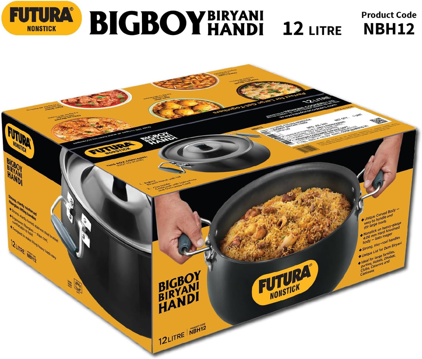 Hawkins Futura 12 Litre BigBoy Biryani Handi, Non Stick Pot with Hard Anodised Lid, Sauce Pan for Cooking and Serving Biriyani