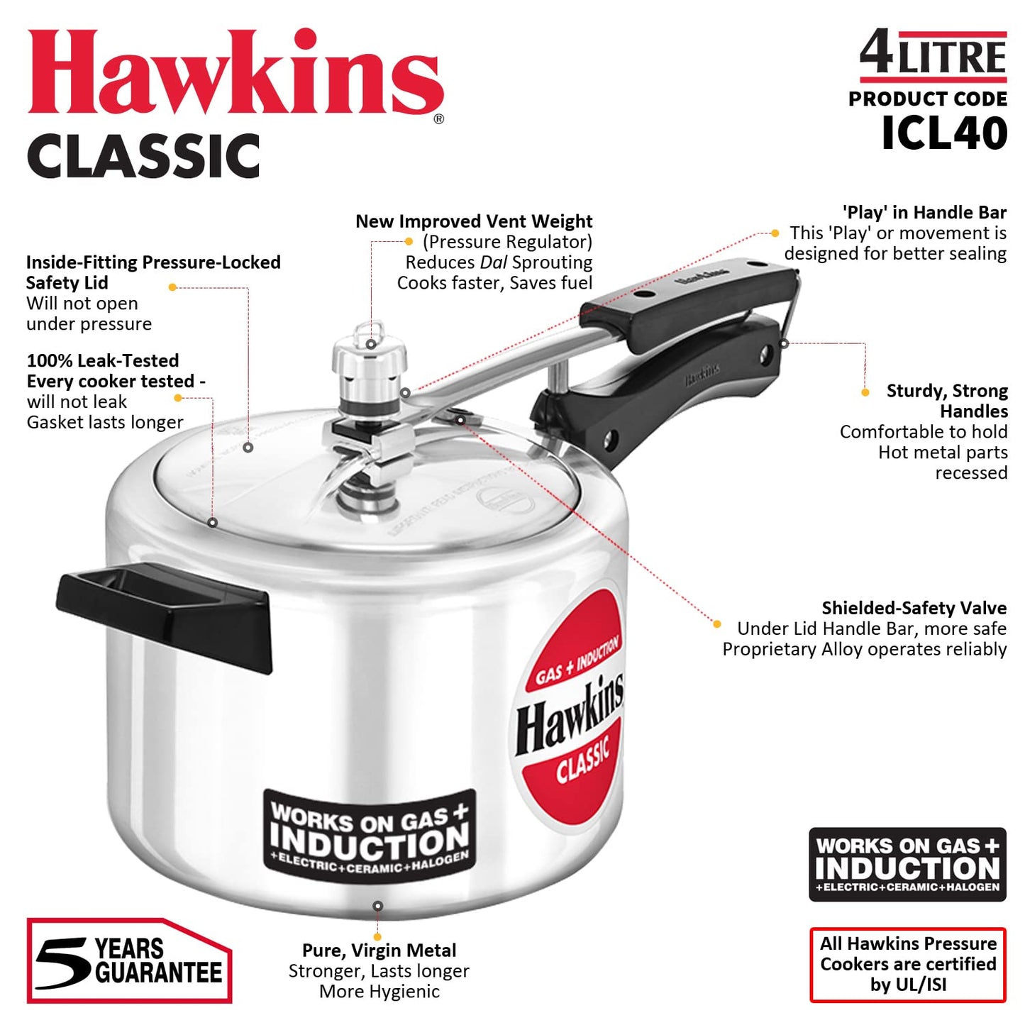 Hawkins 4 Litre Classic Induction Aluminium Pressure Cooker