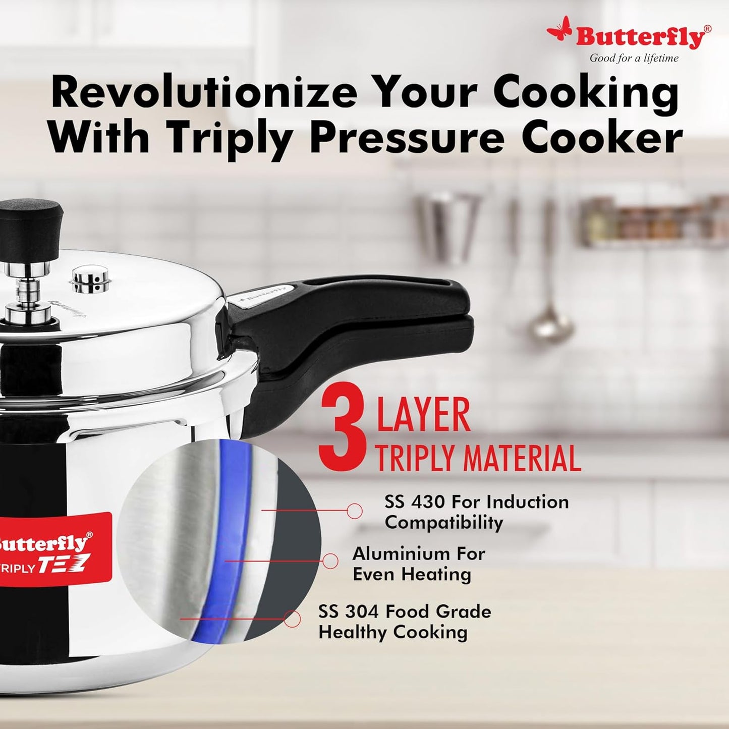 Butterfly Tez Triply Stainless Steel Pressure Cooker 3L