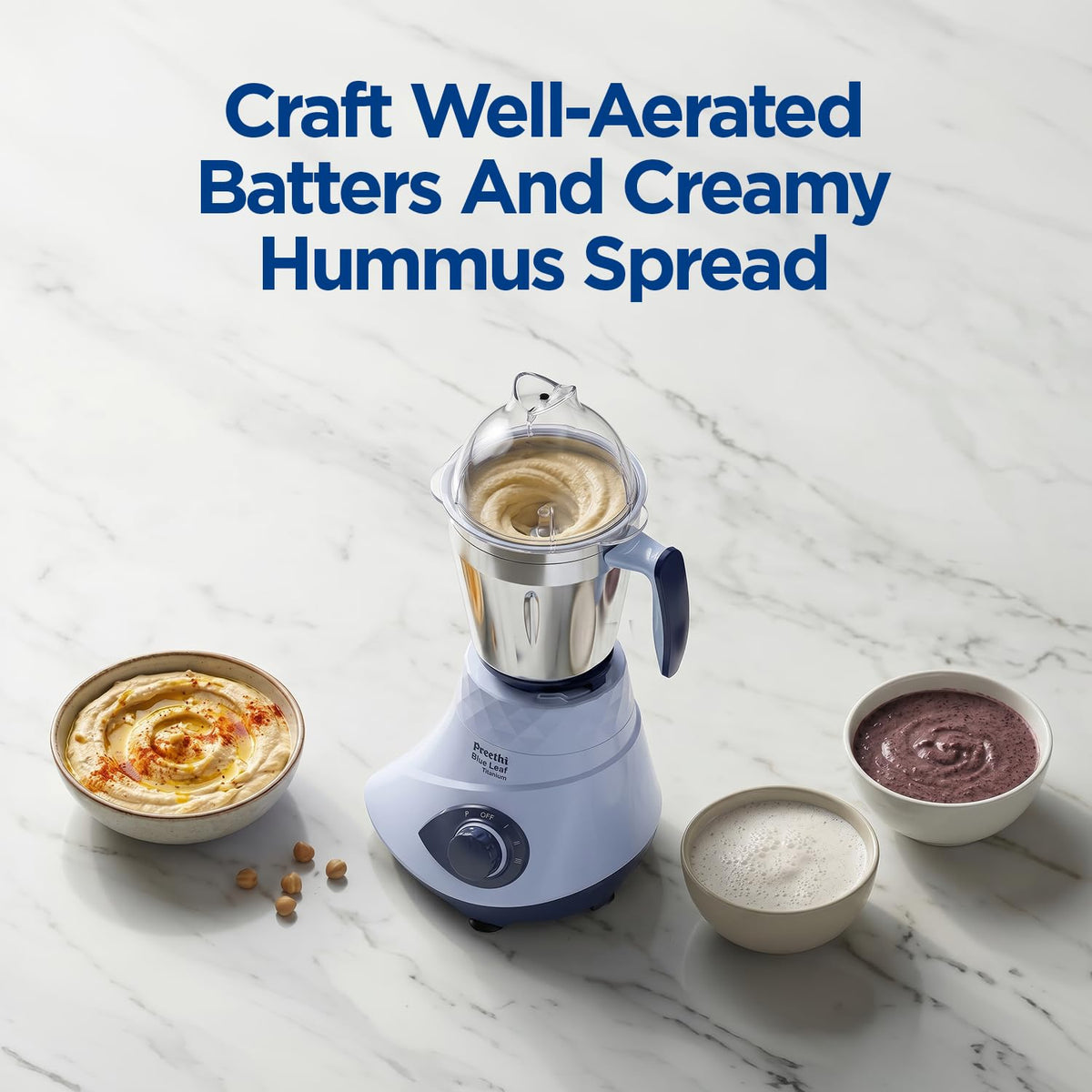 Preethi Blue Leaf Titanium 1000W Grinder | 7 Jars (4 Stainless Steel Jars, Juicer, Blender), Superfine Grinding for Masalas, Chutneys and Batters