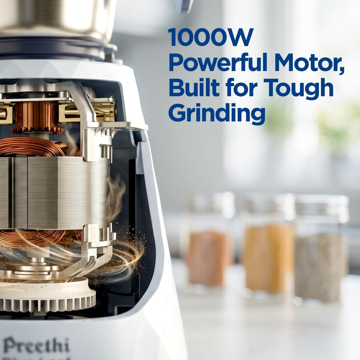 Preethi Blue Leaf Titanium 1000W Grinder | 7 Jars (4 Stainless Steel Jars, Juicer, Blender), Superfine Grinding for Masalas, Chutneys and Batters