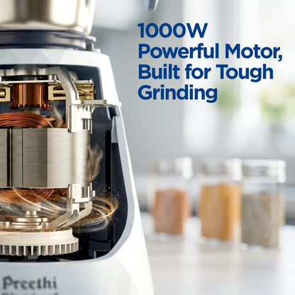 Preethi Blue Leaf Titanium 1000W Grinder | 7 Jars (4 Stainless Steel Jars, Juicer, Blender), Superfine Grinding for Masalas, Chutneys and Batters