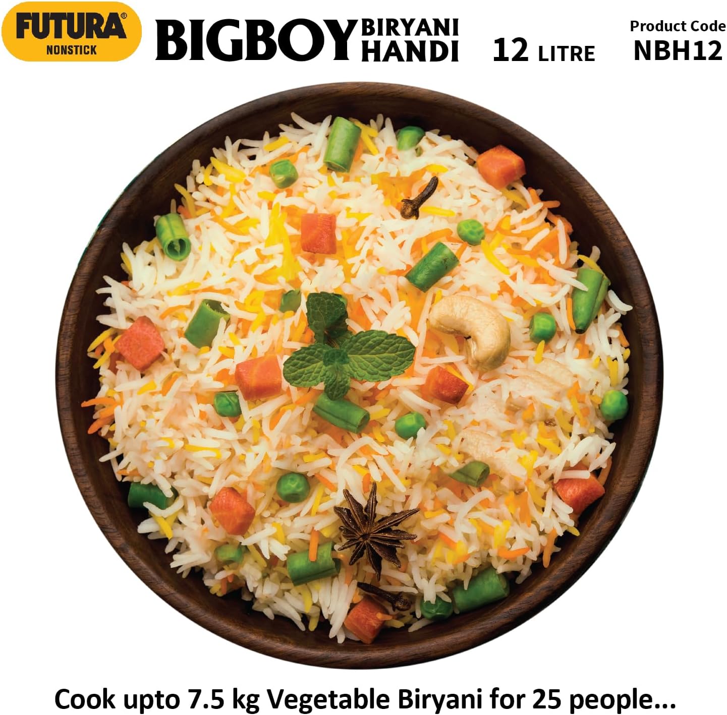 Hawkins Futura 12 Litre BigBoy Biryani Handi, Non Stick Pot with Hard Anodised Lid, Sauce Pan for Cooking and Serving Biriyani