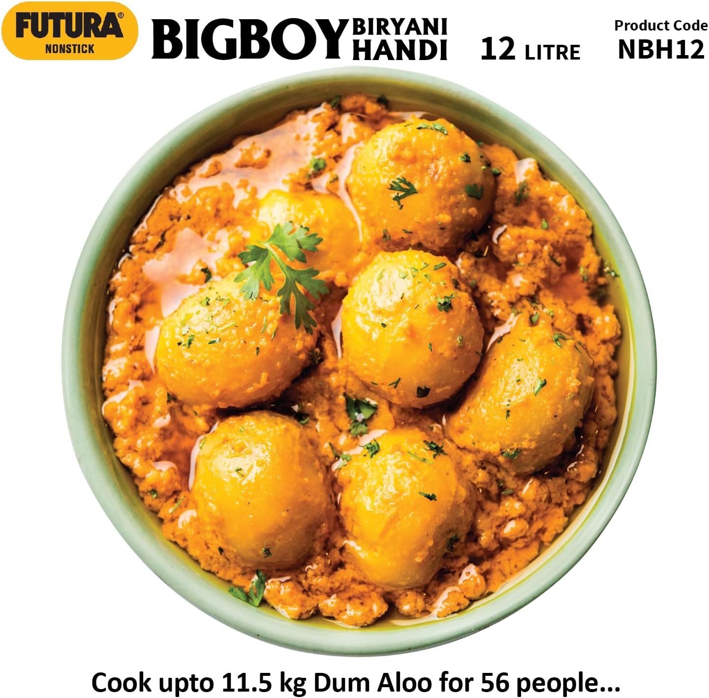 Hawkins Futura 12 Litre BigBoy Biryani Handi, Non Stick Pot with Hard Anodised Lid, Sauce Pan for Cooking and Serving Biriyani