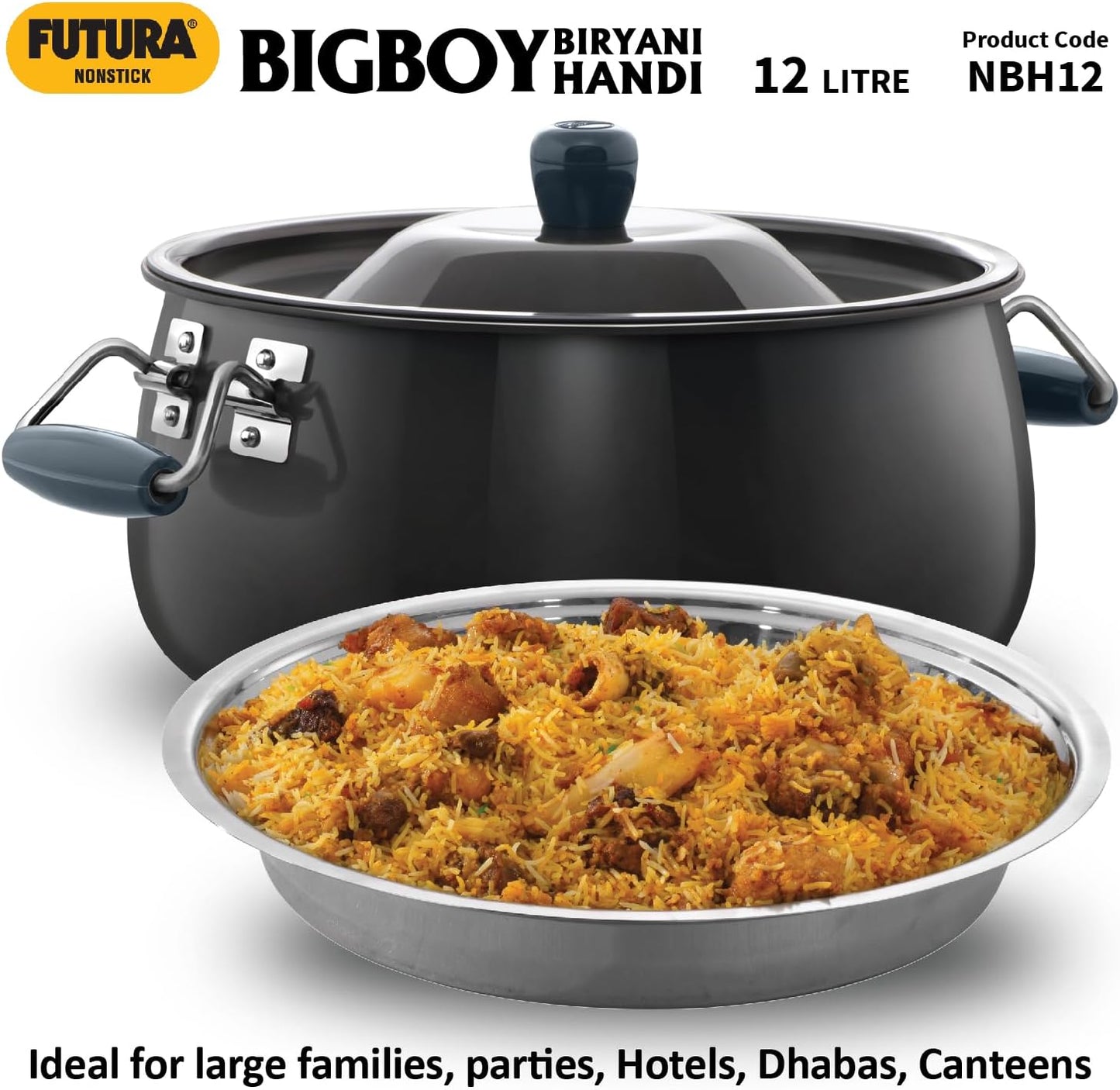 Hawkins Futura 12 Litre BigBoy Biryani Handi, Non Stick Pot with Hard Anodised Lid, Sauce Pan for Cooking and Serving Biriyani