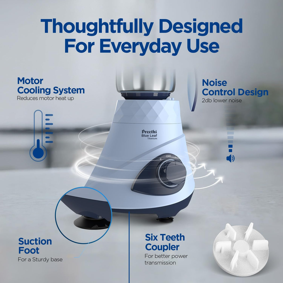Preethi Blue Leaf Titanium 1000W Grinder | 7 Jars (4 Stainless Steel Jars, Juicer, Blender), Superfine Grinding for Masalas, Chutneys and Batters