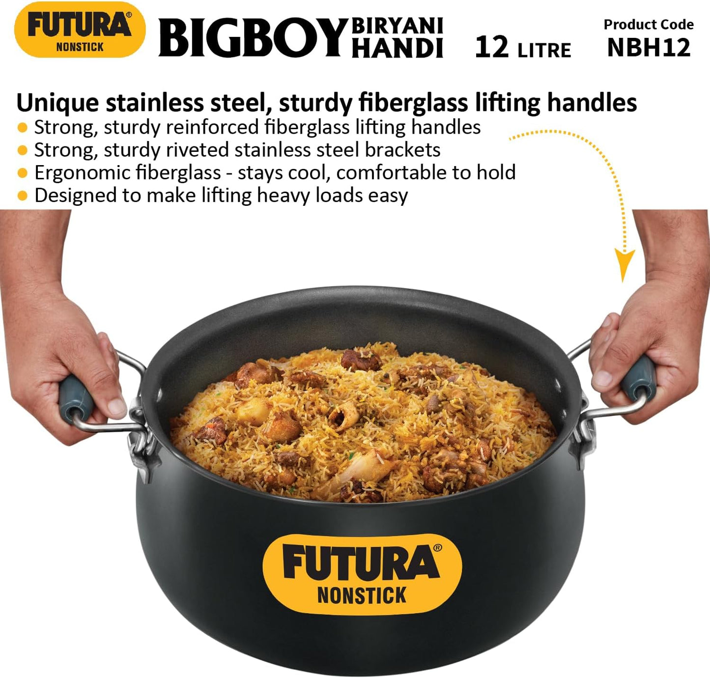 Hawkins Futura 12 Litre BigBoy Biryani Handi, Non Stick Pot with Hard Anodised Lid, Sauce Pan for Cooking and Serving Biriyani
