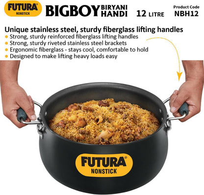Hawkins Futura 12 Litre BigBoy Biryani Handi, Non Stick Pot with Hard Anodised Lid, Sauce Pan for Cooking and Serving Biriyani