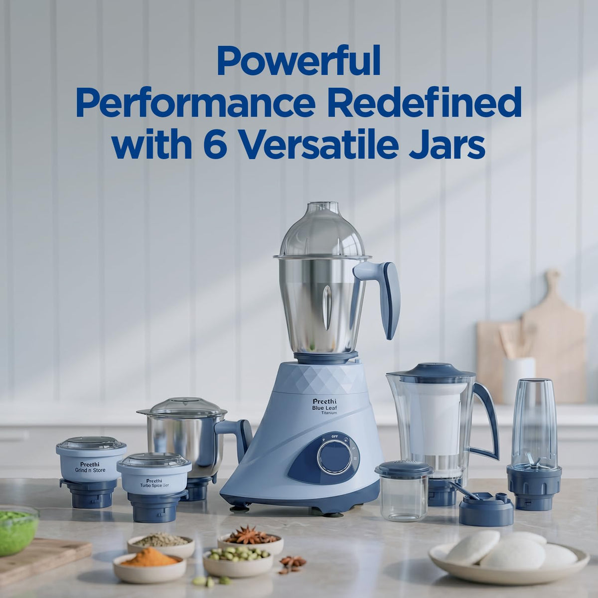 Preethi Blue Leaf Titanium 1000W Grinder | 7 Jars (4 Stainless Steel Jars, Juicer, Blender), Superfine Grinding for Masalas, Chutneys and Batters