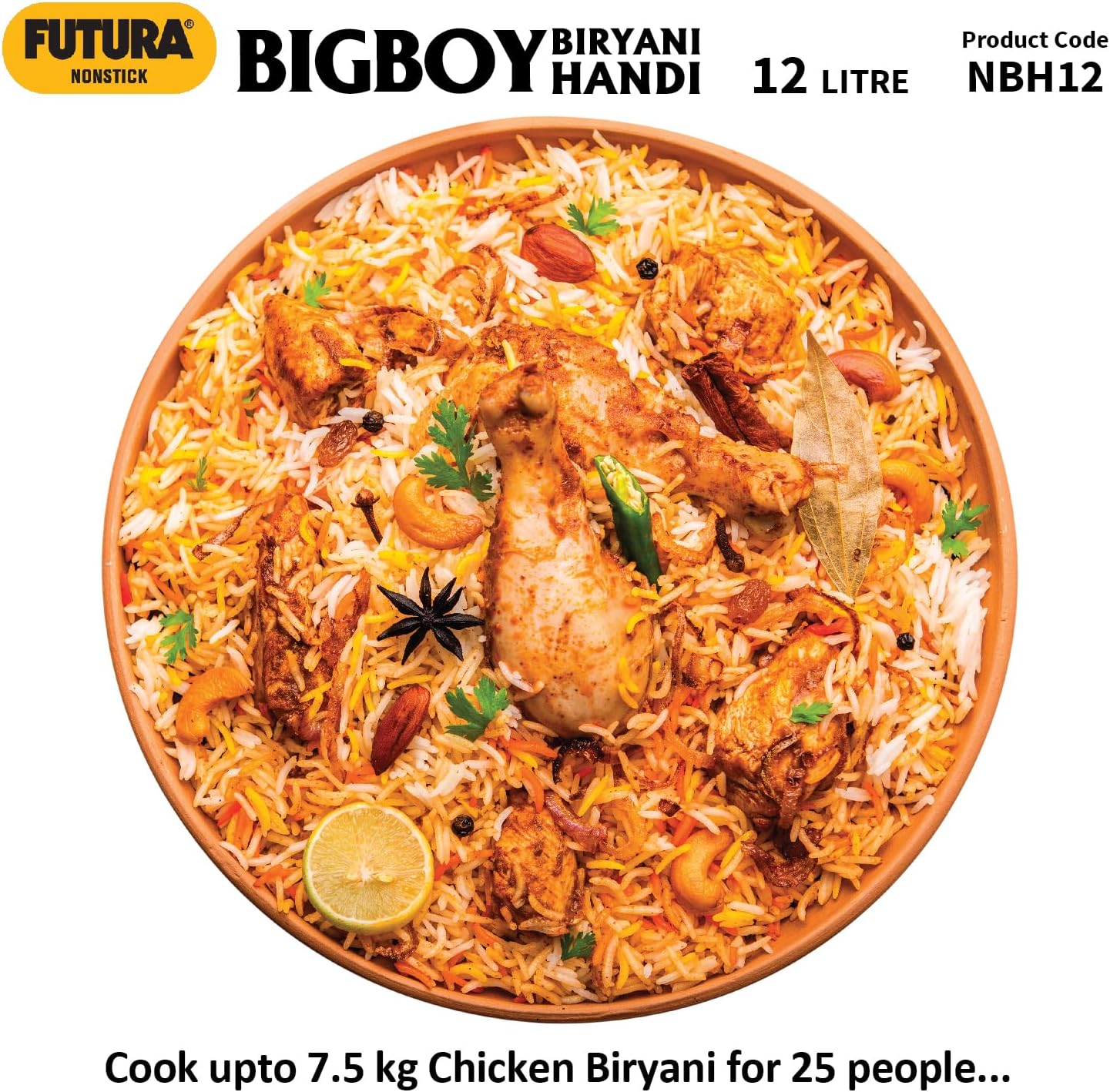 Hawkins Futura 12 Litre BigBoy Biryani Handi, Non Stick Pot with Hard Anodised Lid, Sauce Pan for Cooking and Serving Biriyani