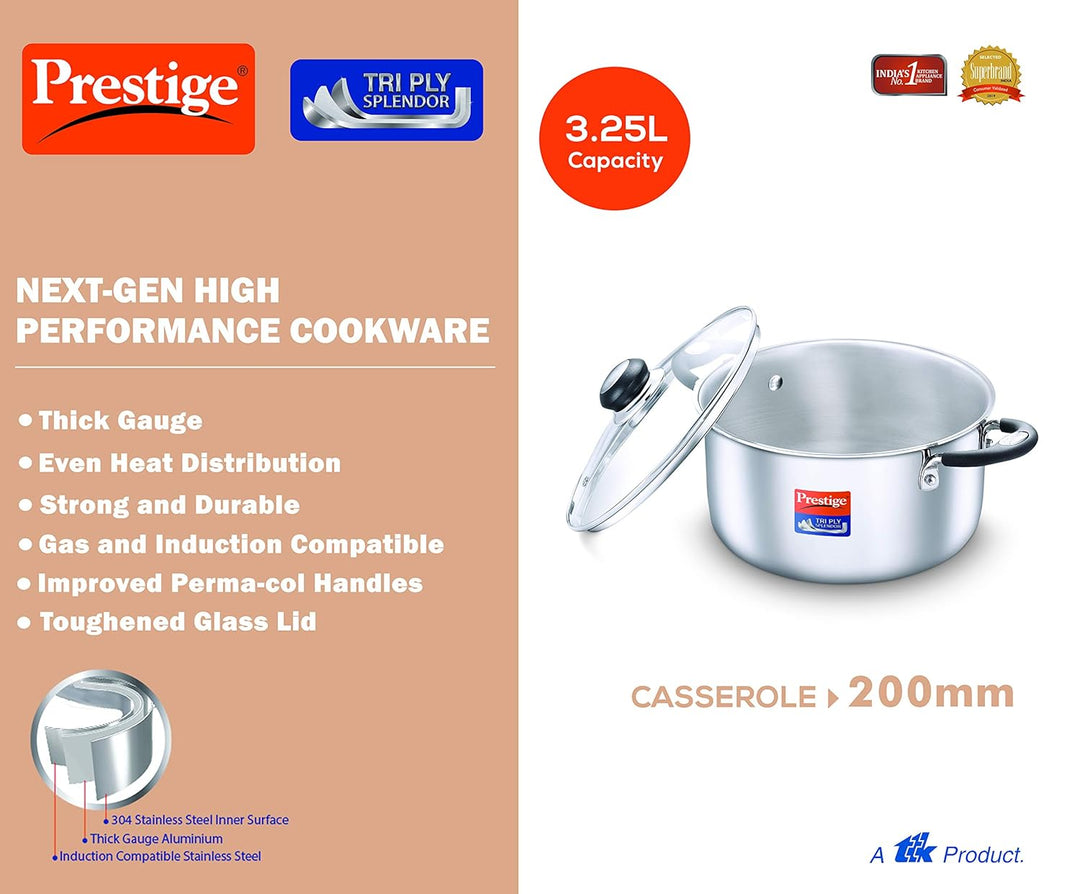 Prestige Tri Ply Splendor Casserole 20Cm 3.25L