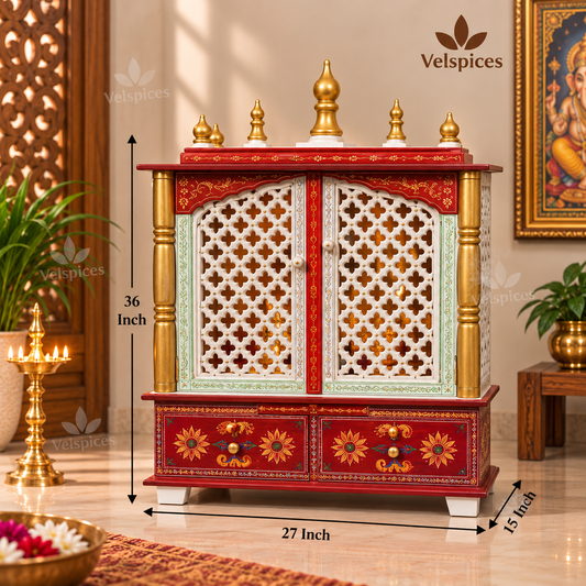 Bhakti Temple AET136 White & Red MDF/Mango Wood Mandir 27 x 15 x 36 Inch