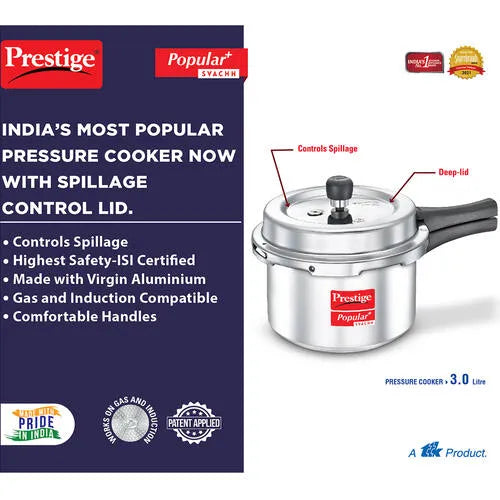 Prestige Popular + Svachh 3L Virgin Aluminium Spillage Control Pressure Cooker