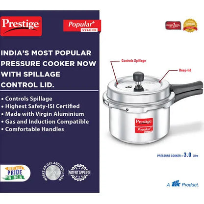 Prestige Popular + Svachh 3L Virgin Aluminium Spillage Control Pressure Cooker