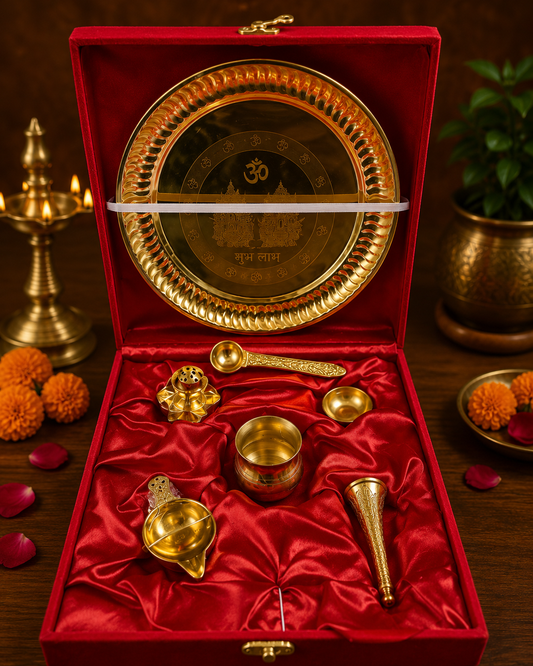 Brass Pooja Thali Gift Set with Red Velvet Gift Box