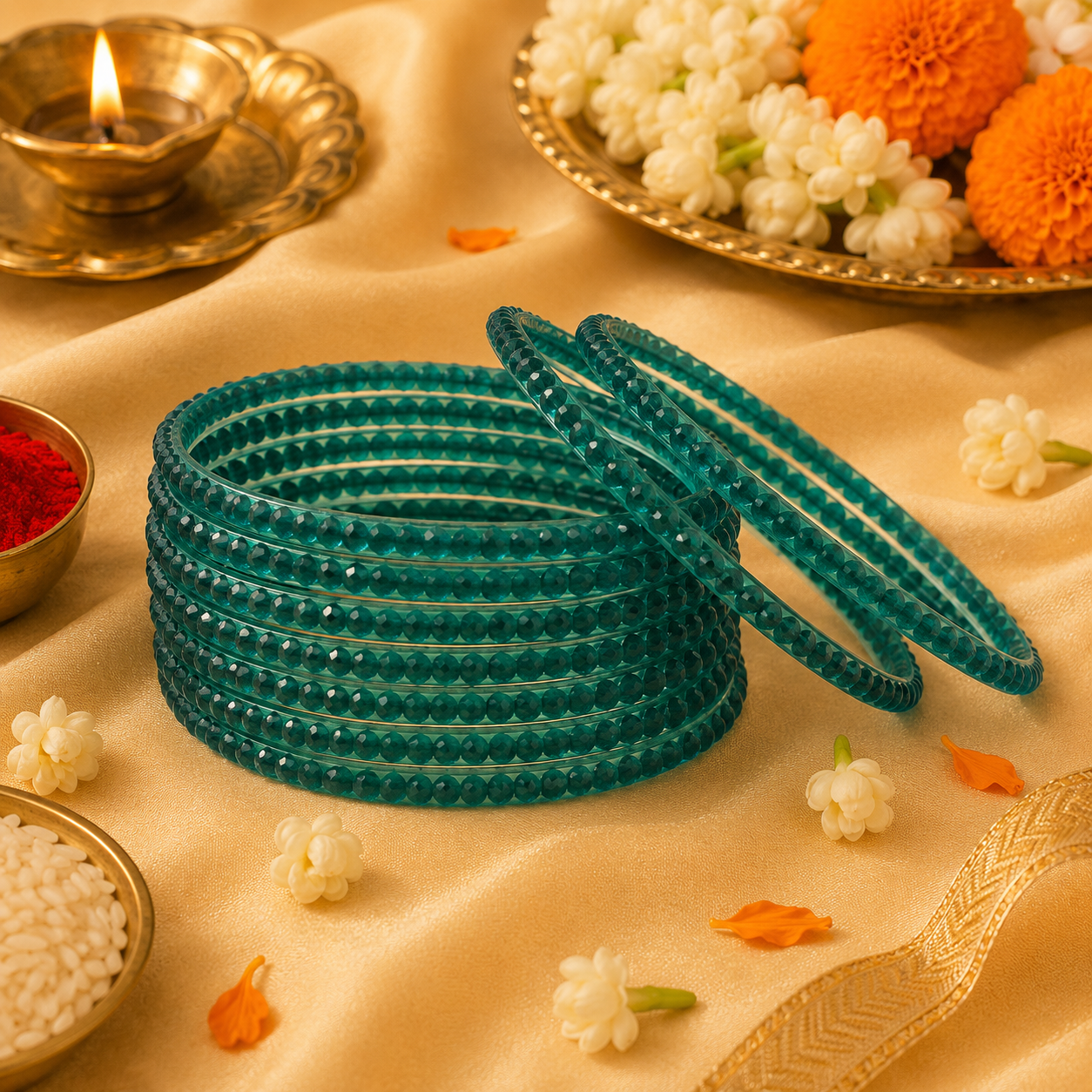 Teal Beaded Glass Bangles - Varalakshmi sale