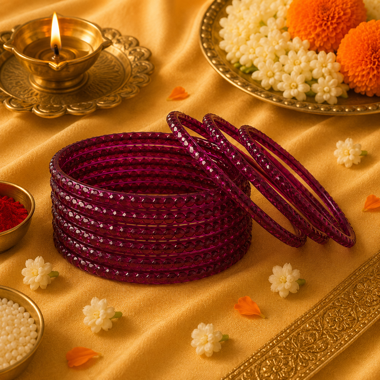 Dark Pink Beaded Glass Bangles