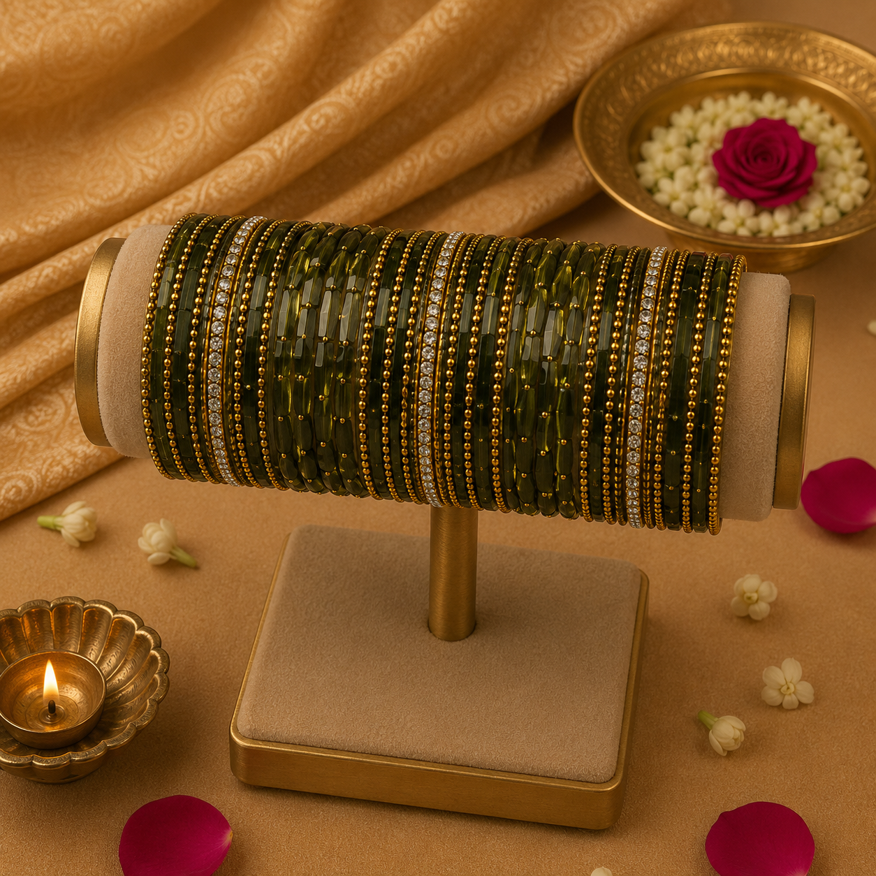 Glass Mehendi Olive Bangles set  (36 bangle total)