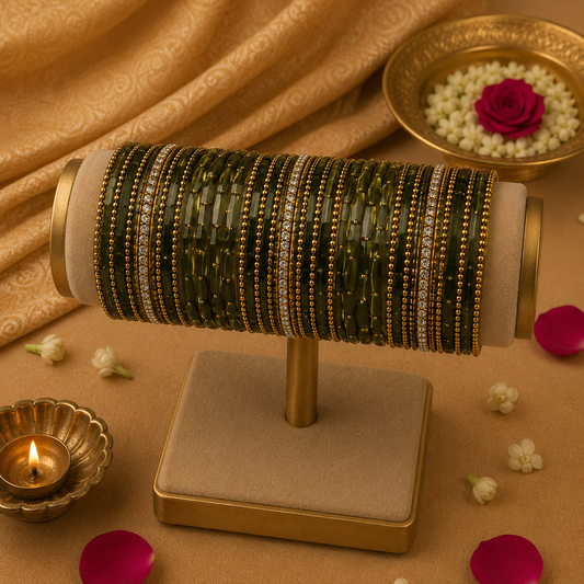 Glass Mehendi Olive Bangles set  (36 bangle total)