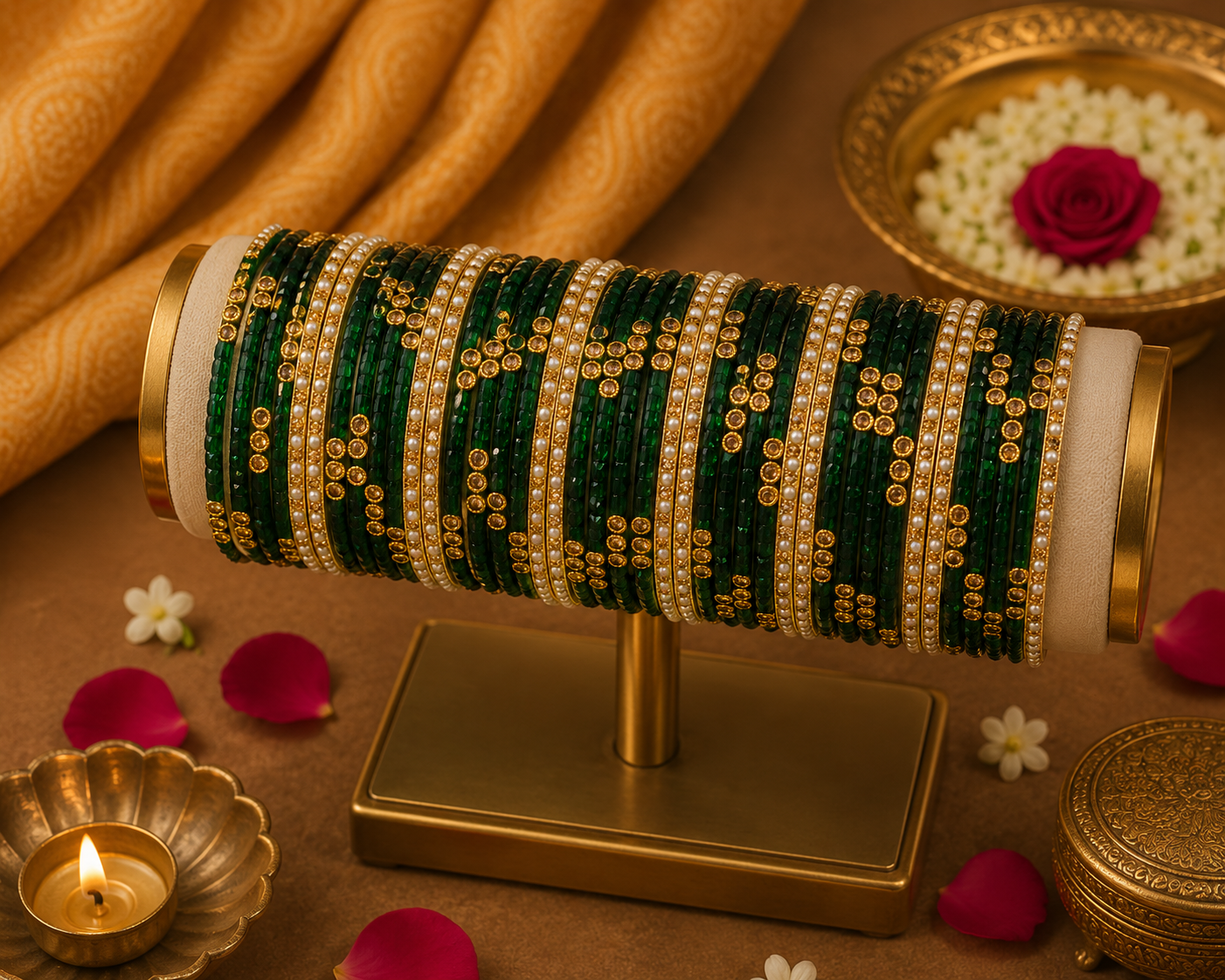 Glass Green Bangles - with white border bangles (36 bangles total)