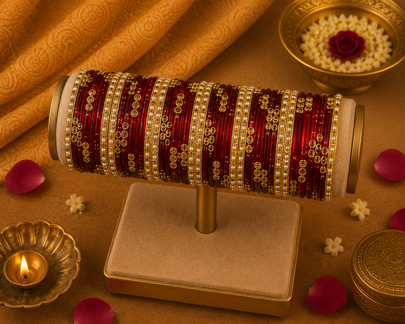 Glass Red Bangles - with white border bangles (36 bangles total)