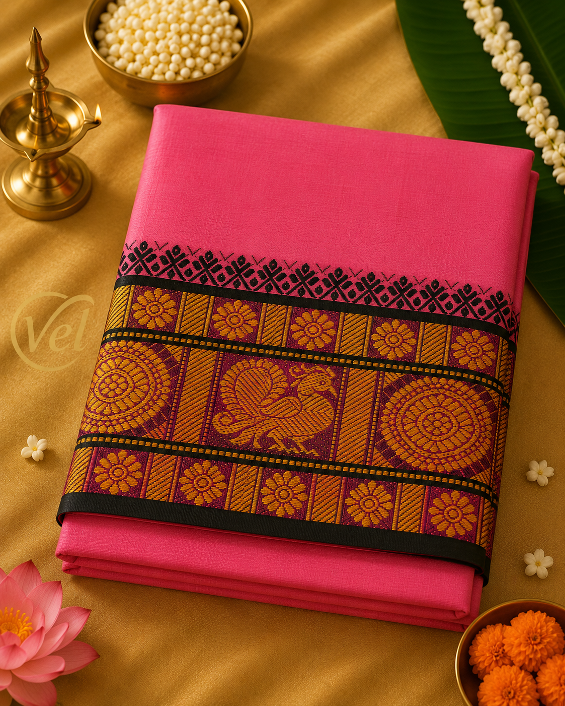 Dhoti With Towel 6 inch Border (8 x 4) - Multiple Colours available