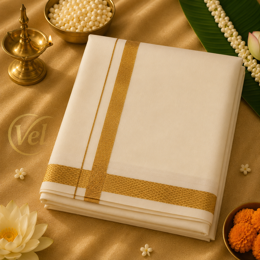 Veena Gold 9 x 5 Dhothi and Towel Set