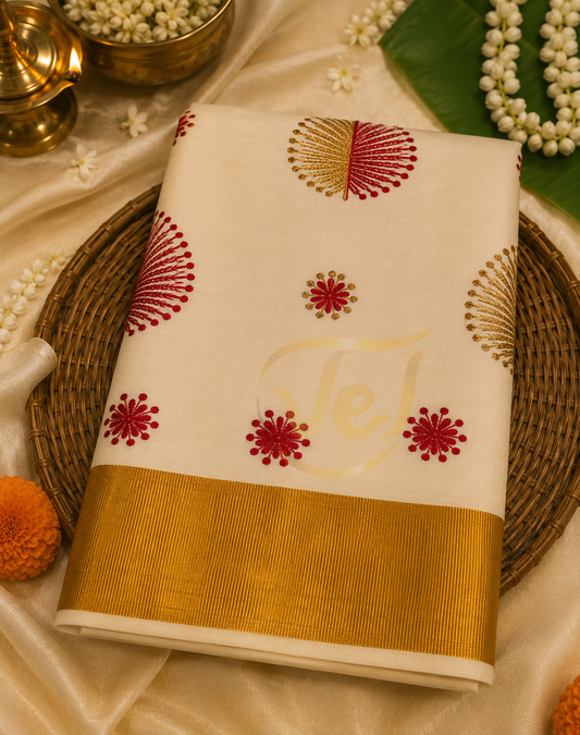 Kerala Mundhi Work Flower Pattern Saree With Gold Border - Onam Saree