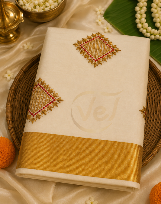 Kerala Mundhi Work Square Pattern Saree With Gold Border - Onam Saree